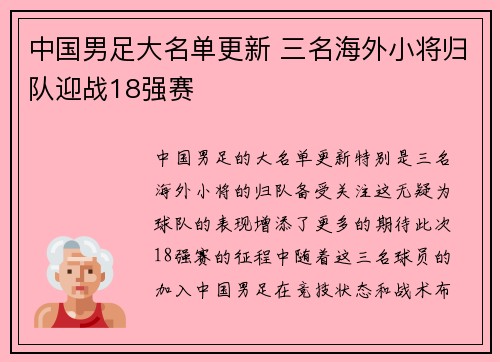 中国男足大名单更新 三名海外小将归队迎战18强赛
